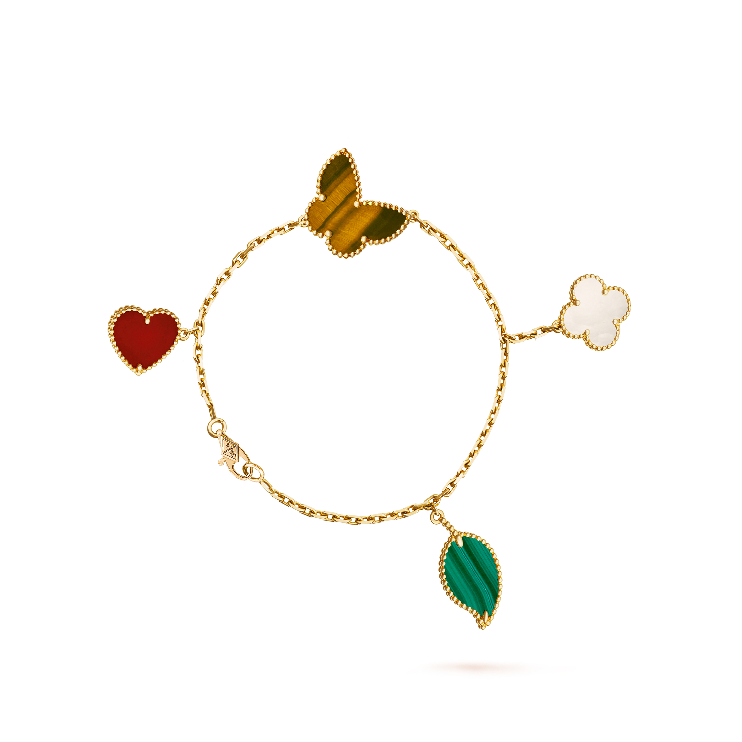 V*N CL*F arpels lucky alhambra bracelet, 4 motifs - yellow gold, carnelian, malachite, mother-of-pearl, tiger eye  vcard79600
